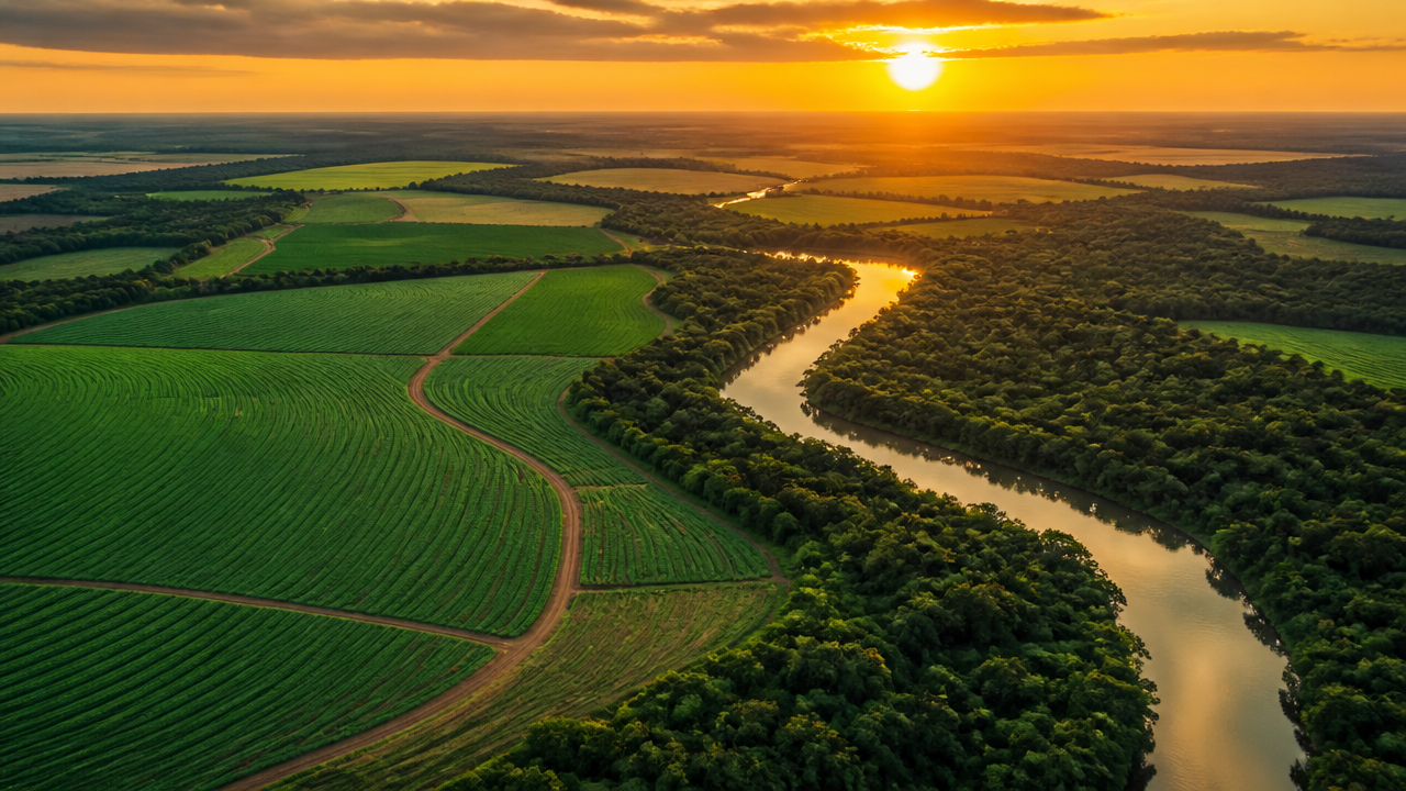 Vista aérea de uma fazenda ao pôr do sol, com plantações organizadas, mata preservada e um rio serpenteando entre as lavouras
