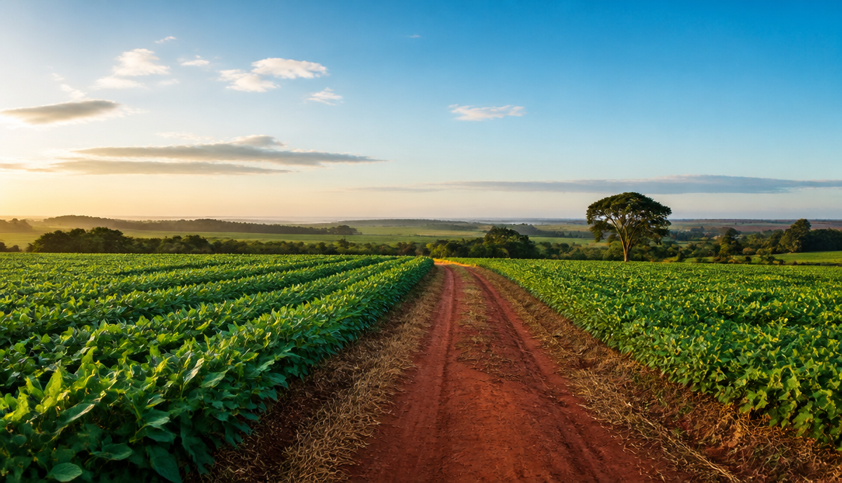 Estrada de terra vermelha entre plantações verdes ao amanhecer, simbolizando a vida e os desafios do campo
